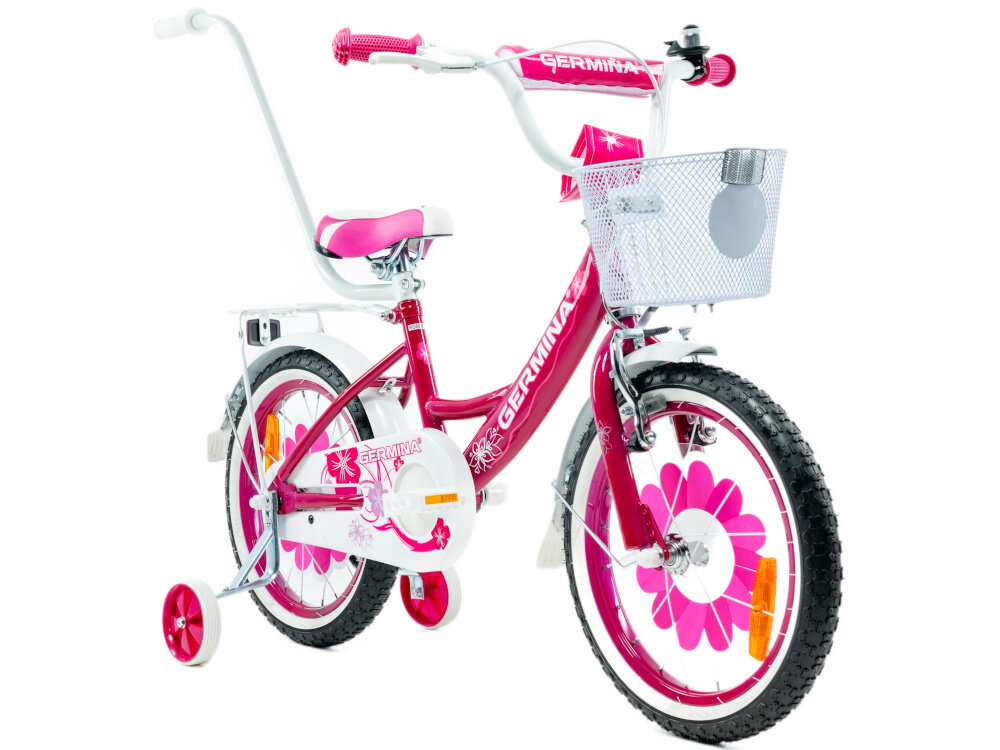 Rower dziecięcy GERMINA BMX 16 cali dla dziewczynki Ciemnoróżowy rower na białym tle widoczny od przodu pod skosem piankowe siodełko miękkie i stabilne podparcie elastyczna struktura pianki dopasowuje się do sylwetki odporna na uszkodzenia powłoka zewnętrzna