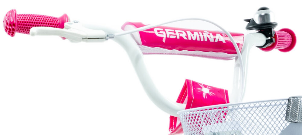 Rower dziecięcy GERMINA BMX 16 cali dla dziewczynki Ciemnoróżowy zbliżenie na kierownicę wygięta kierownica stabilna pozycja pewne prowadzenie roweru ergonomiczny kształt antypoślizgowe uchwyty ograniczniki na końcach gripów zmniejsza ryzyko utraty równowagi