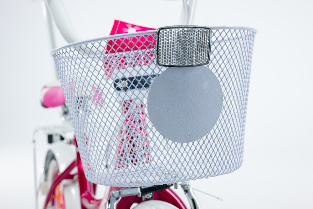 Rower dziecięcy GERMINA BMX 16 cali dla dziewczynki Ciemnoróżowy zbliżenie na koszyk koszyk na drobiazgi dzwonek bezpieczna jazda