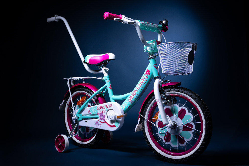 Rower dziecięcy GERMINA BMX 16 cali dla dziewczynki Miętowy ciemne tło rower widoczny od przodu pod skosem dla dzieci w wieku od 4 do 6 lat trwałość wytrzymałość mocna konstrukcja