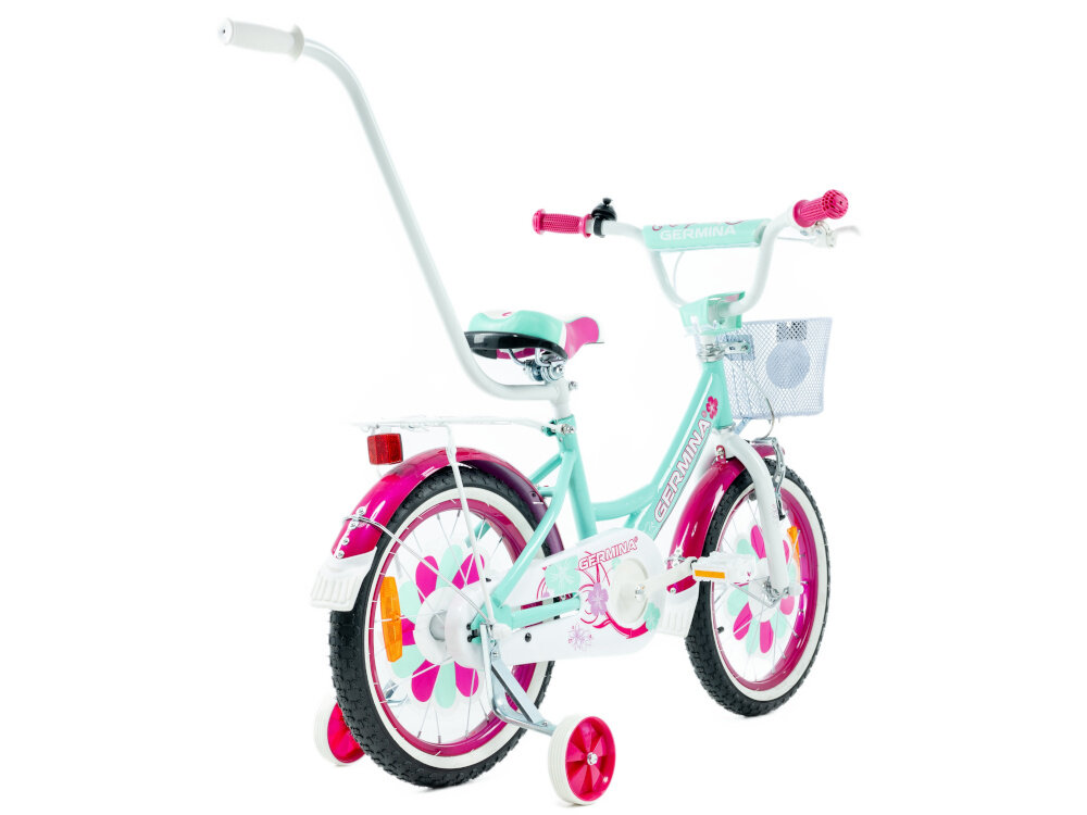 Rower dziecięcy GERMINA BMX 16 cali dla dziewczynki Miętowy rowerek na białym tle widoczny od tyłu pod skosem pałąk prowadzący dla rodzica szlifowanie umiejętności bezpieczeństwo pełna kontrola nad pojazdem