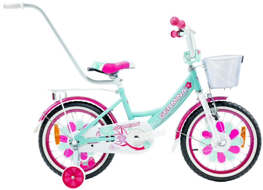Rower dziecięcy GERMINA BMX 16 cali dla dziewczynki Miętowy rower na białym tle widoczny z boku odpowiednio wyselekcjonowane materiały stalowa 8,5-calowa rama dostosowana do najmłodszych geometria ponadprzeciętna odporność na uszkodzenia mechaniczne i działanie czynników zewnętrznych wybór rozmiaru ramy Twój wzrost mierzony w zrelaksowanej pozycji typ