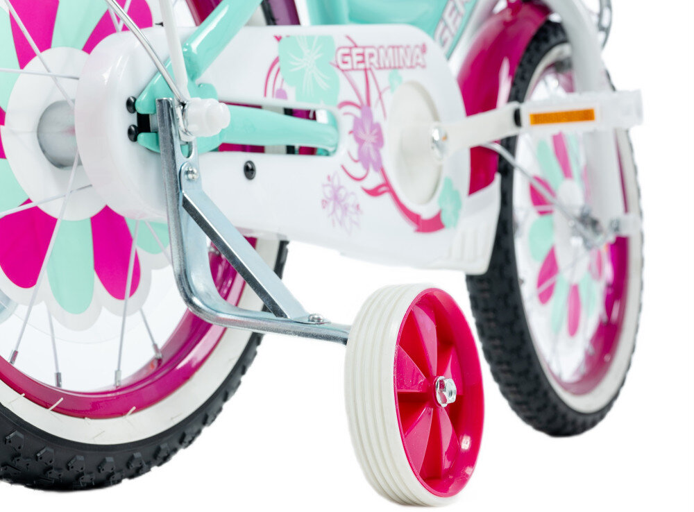 Rower dziecięcy GERMINA BMX 16 cali dla dziewczynki Miętowy zbliżenie na osłonę łańcucha i kółko boczne boczne kółka asekurują dziecko w początkowej fazie nauki boczne kółka można łatwo usunąć osłona łańcucha grafika w kwiatki zabezpiecza łańcuch przed brudem