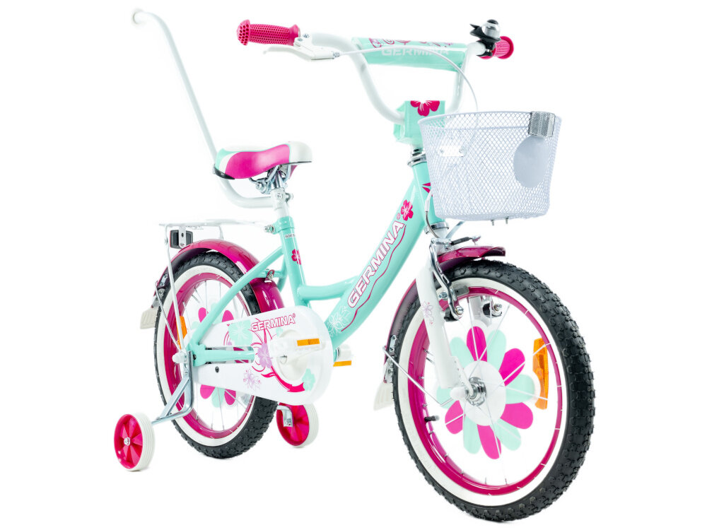 Rower dziecięcy GERMINA BMX 16 cali dla dziewczynki Miętowy rower na białym tle widoczny od przodu pod skosem wygięta kierownica stabilna pozycja pewne prowadzenie roweru ergonomiczny kształt antypoślizgowe uchwyty ograniczniki na końcach gripów zmniejsza ryzyko utraty równowagi