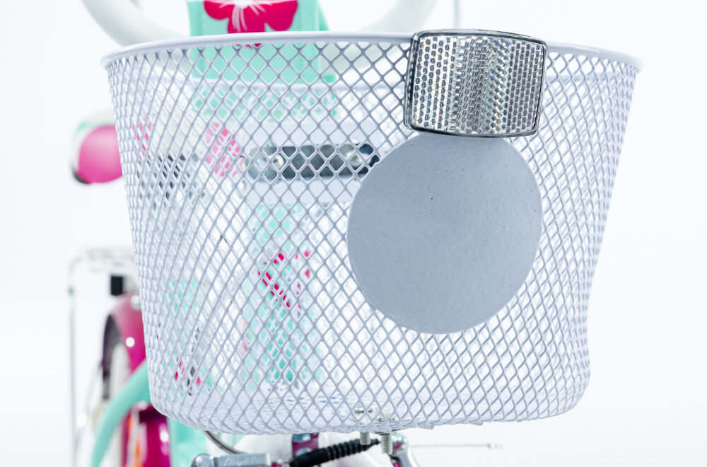 Rower dziecięcy GERMINA BMX 16 cali dla dziewczynki Miętowy zbliżenie na koszyk koszyk na drobiazgi dzwonek bezpieczna jazda