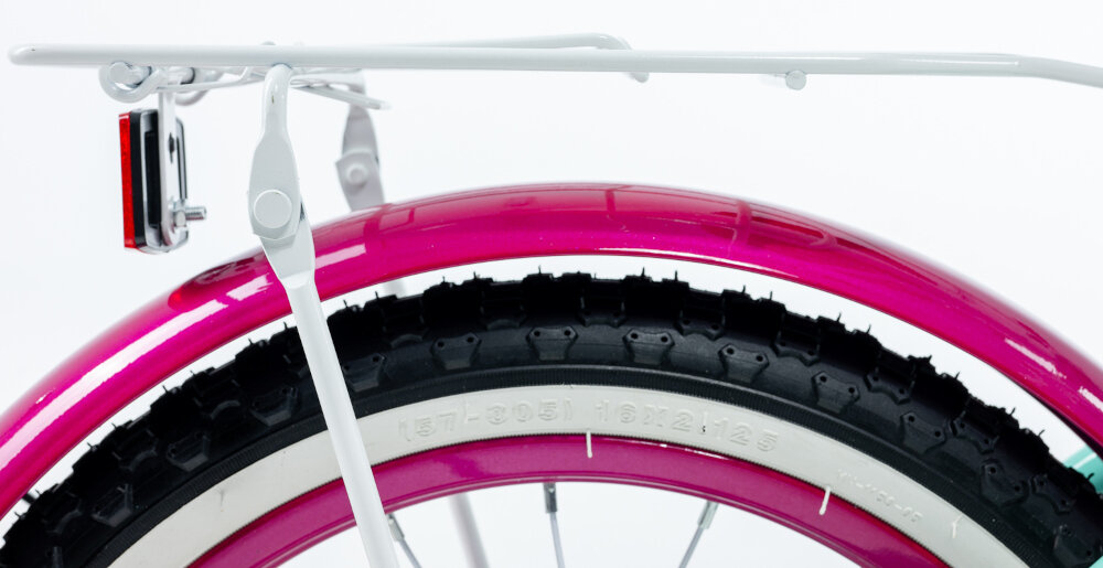 Rower dziecięcy GERMINA BMX 16 cali dla dziewczynki Miętowy zbliżenie na bagażnik bagażnik można wygodnie przewozić potrzebne drobiazgi stabilna konstrukcja młody rowerzysta może swobodnie korzystać z roweru