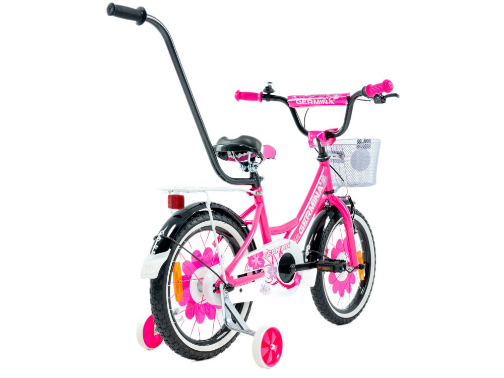 Rower dziecięcy GERMINA BMX 16 cali dla dziewczynki Czarno-różowy rowerek na białym tle widoczny od tyłu pod skosem pałąk prowadzący dla rodzica szlifowanie umiejętności bezpieczeństwo pełna kontrola nad pojazdem