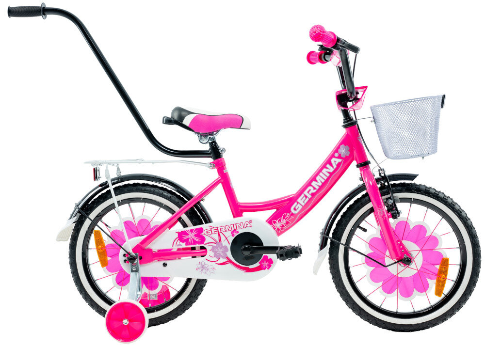 Rower dziecięcy GERMINA BMX 16 cali dla dziewczynki Czarno-różowy rower na białym tle widoczny z boku odpowiednio wyselekcjonowane materiały stalowa 8,5-calowa rama dostosowana do najmłodszych geometria ponadprzeciętna odporność na uszkodzenia mechaniczne i działanie czynników zewnętrznych wybór rozmiaru ramy Twój wzrost mierzony w zrelaksowanej pozycji typ