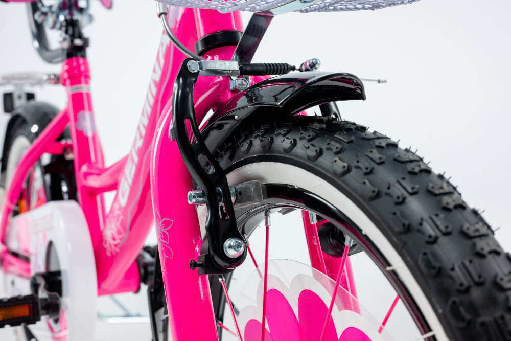 Rower dziecięcy GERMINA BMX 16 cali dla dziewczynki Czarno-różowy zbliżenie na przedni hamulec zdjęcie na białym tle podstawa bezpieczeństwa przedni hamulec V-Brake tylny hamulec nożny Torpedo lekkie duża siła hamowania reflektory odblaskowe na szprychach dobra widoczność na drodze bezpieczeństwo
