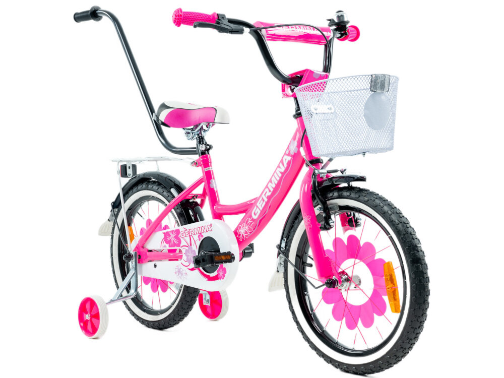 Rower dziecięcy GERMINA BMX 16 cali dla dziewczynki Czarno-różowy rower na białym tle widoczny od przodu pod skosem piankowe siodełko miękkie i stabilne podparcie elastyczna struktura pianki dopasowuje się do sylwetki odporna na uszkodzenia powłoka zewnętrzna