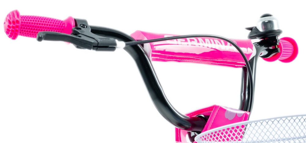 Rower dziecięcy GERMINA BMX 16 cali dla dziewczynki Czarno-różowy zbliżenie na kierownicę wygięta kierownica stabilna pozycja pewne prowadzenie roweru ergonomiczny kształt antypoślizgowe uchwyty ograniczniki na końcach gripów zmniejsza ryzyko utraty równowagi