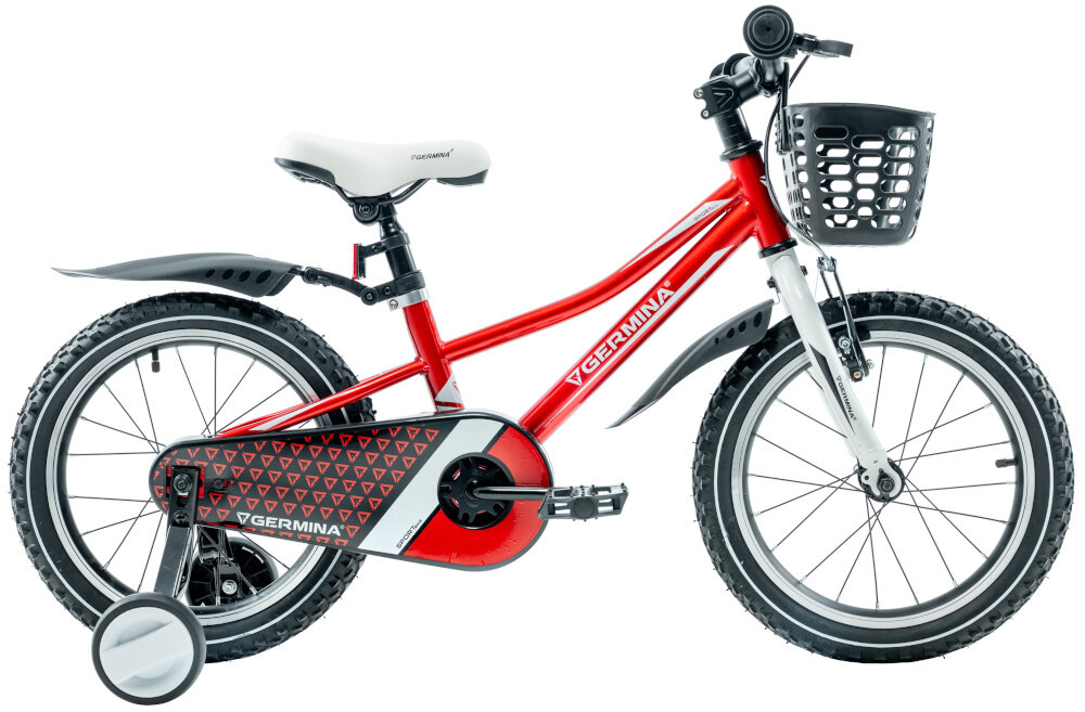 Rower dziecięcy GERMINA BMX 16 cali dla chłopca Czerwony rower na białym tle widoczny z boku stalowa 8,5-calowa rama specjalnie dostosowana do najmłodszych geometria ułatwia dzieciom wsiadanie i zsiadanie ponadprzeciętna odporność na uszkodzenia mechaniczne i działanie czynników zewnętrznych wybór rozmiaru ramy Twój wzrost mierzony w zrelaksowanej pozycji typ