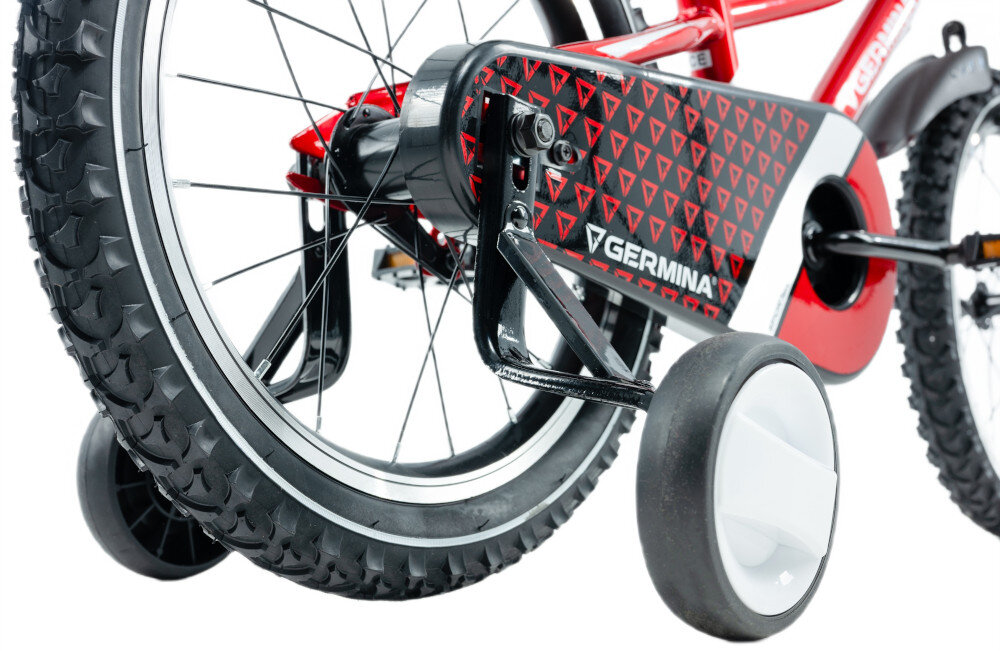 Rower dziecięcy GERMINA BMX 16 cali dla chłopca Czerwony zbliżenie na osłonę łańcucha i kółko boczne boczne kółka asekurują dziecko w początkowej fazie nauki boczne kółka można łatwo usunąć osłona łańcucha stylowa grafika zabezpiecza łańcuch przed brudem