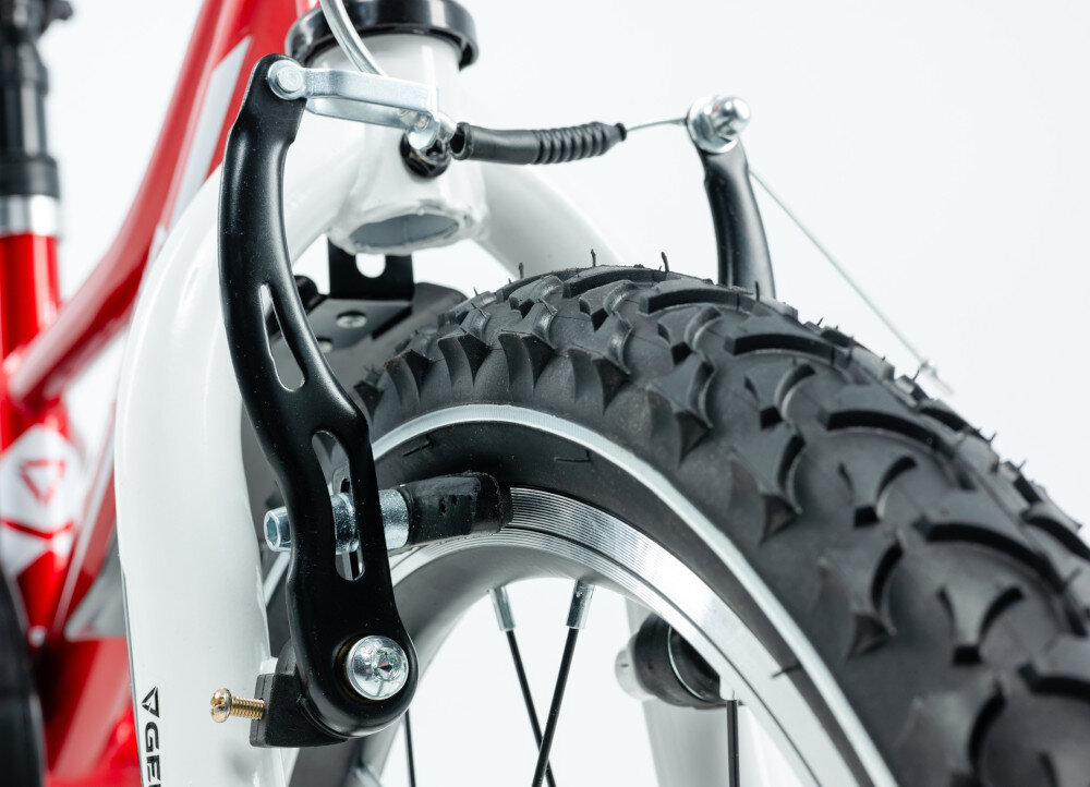 Rower dziecięcy GERMINA BMX 16 cali dla chłopca Czerwony zbliżenie na przedni hamulec podstawa bezpieczeństwa zestaw hamulców dopasowany do dynamicznego stylu jazdy przedni hamulec V-Brake tylny hamulec nożny Torpedo do codziennej jazdy rekreacyjnej i amatorskich przejażdżek pełna kontrola nad rowerem