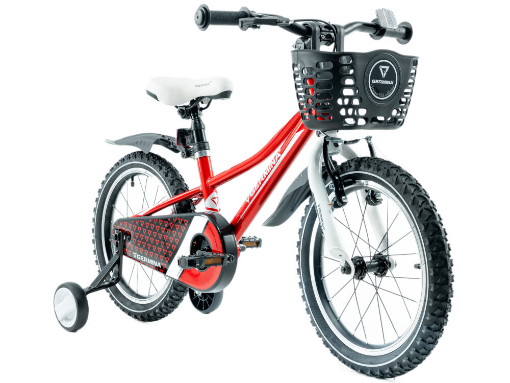 Rower dziecięcy GERMINA BMX 16 cali dla chłopca Czerwony rower na białym tle widoczny od przodu pod skosem piankowe siodełko miękkie i stabilne podparcie elastyczna struktura pianki dopasowuje się do sylwetki odporna na uszkodzenia powłoka zewnętrzna