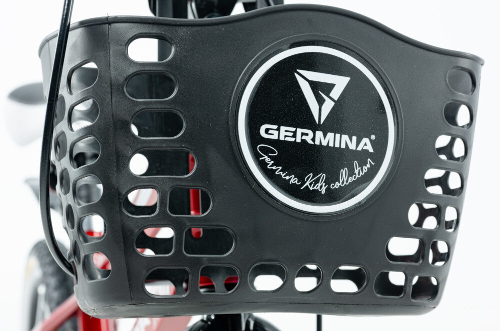 Rower dziecięcy GERMINA BMX 16 cali dla chłopca Czerwony zbliżenie na koszyk koszyk na drobiazgi dzwonek bezpieczna jazda