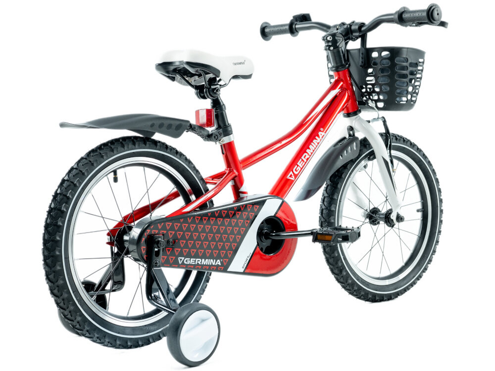 Rower dziecięcy GERMINA BMX 16 cali dla chłopca Czerwony rower na białym tle widoczny od tyłu pod skosem reflektory odblaskowe na szprychach kierownicy pod siodełkiem dziecko jest dobrze widoczne z każdej strony bezpieczeństwo