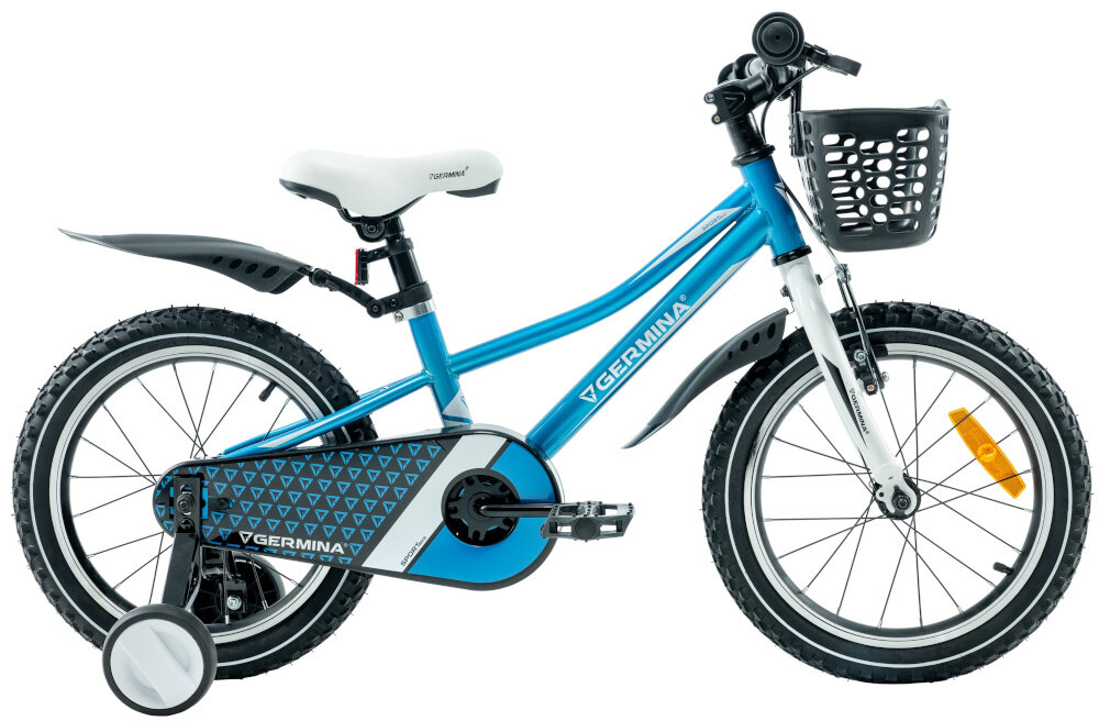 Rower dziecięcy GERMINA BMX 16 cali Niebieski rower na białym tle widoczny z boku stalowa 8,5-calowa rama specjalnie dostosowana do najmłodszych geometria ułatwia dzieciom wsiadanie i zsiadanie ponadprzeciętna odporność na uszkodzenia mechaniczne i działanie czynników zewnętrznych wybór rozmiaru ramy Twój wzrost mierzony w zrelaksowanej pozycji typ
