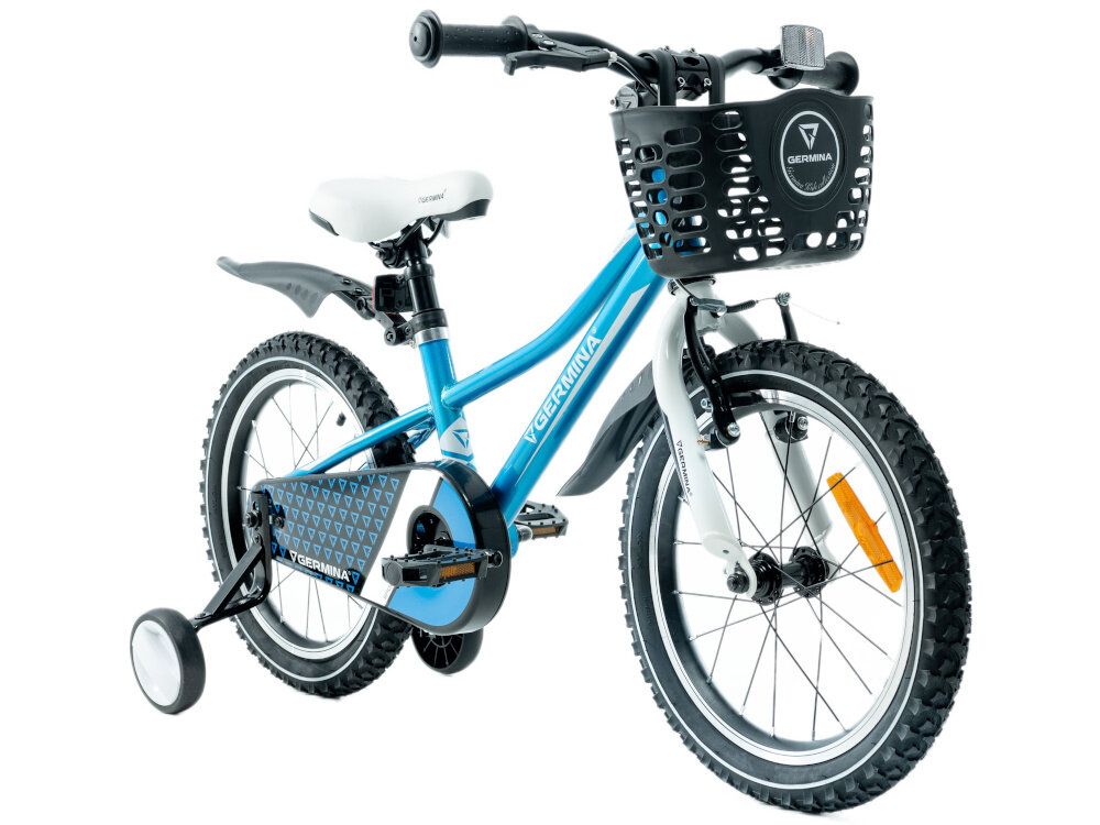Rower dziecięcy GERMINA BMX 16 cali Niebieski rower na białym tle widoczny od przodu pod skosem piankowe siodełko miękkie i stabilne podparcie elastyczna struktura pianki dopasowuje się do sylwetki odporna na uszkodzenia powłoka zewnętrzna