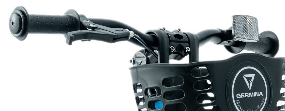 Rower dziecięcy GERMINA BMX 16 cali Niebieski zbliżenie na kierownicę wygięta kierownica stabilna pozycja pewne prowadzenie roweru ergonomiczny kształt antypoślizgowe uchwyty ograniczniki na końcach gripów zmniejsza ryzyko utraty równowagi