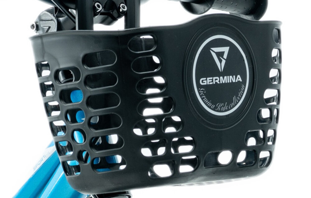 Rower dziecięcy GERMINA BMX 16 cali Niebieski zbliżenie na koszyk koszyk na drobiazgi dzwonek bezpieczna jazda