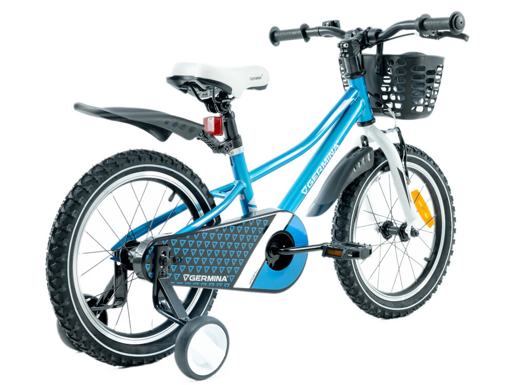 Rower dziecięcy GERMINA BMX 16 cali Niebieski rower na białym tle widoczny od tyłu pod skosem reflektory odblaskowe na szprychach kierownicy pod siodełkiem dziecko jest dobrze widoczne z każdej strony bezpieczeństwo