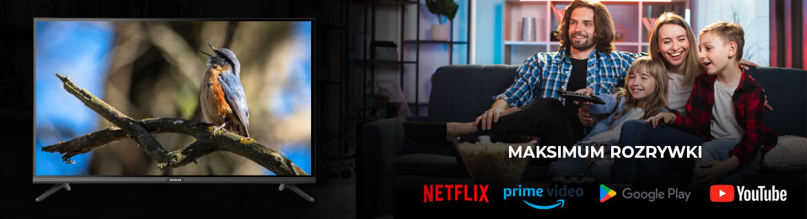 Telewizor AIWA 32GO40804HD - Funkcje ułatwiające życie, telewzior od frontu na czarnym tle