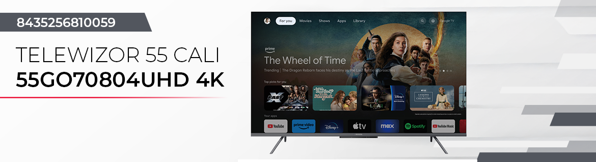 Telewizor AIWA 55GO70804UHD - Mały rozmiar, duże możliwości, telewizor stojący przodem na biało-szarym tle