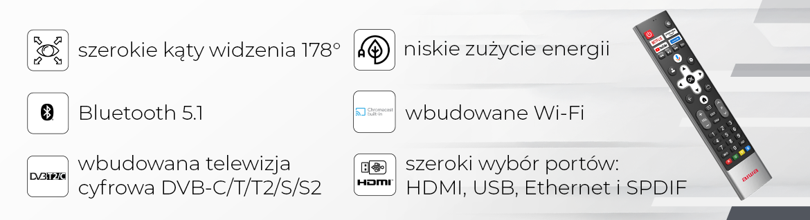 Telewizor AIWA 55GO70804UHD - Rozrywka na Twoich zasadach, pilot na biało-szarym tle