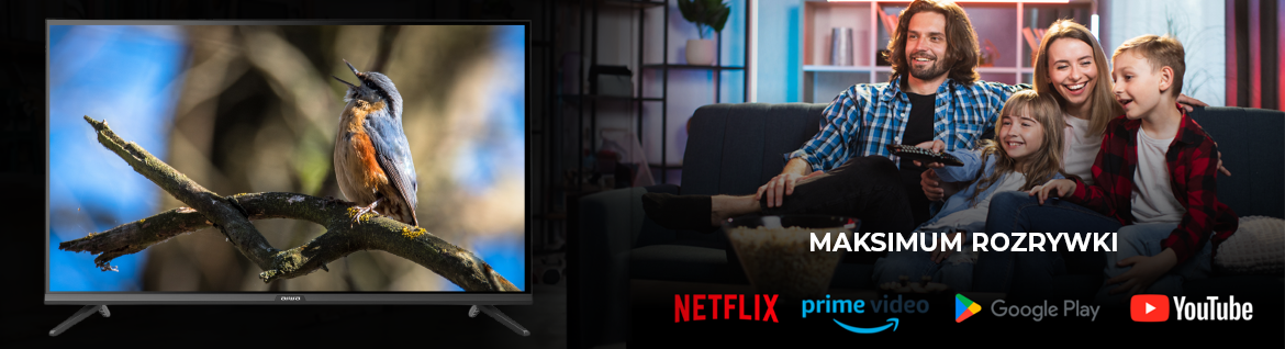 Telewizor AIWA 55GO70804UHD - Funkcje ułatwiające życie, telewzior od frontu na czarnym tle