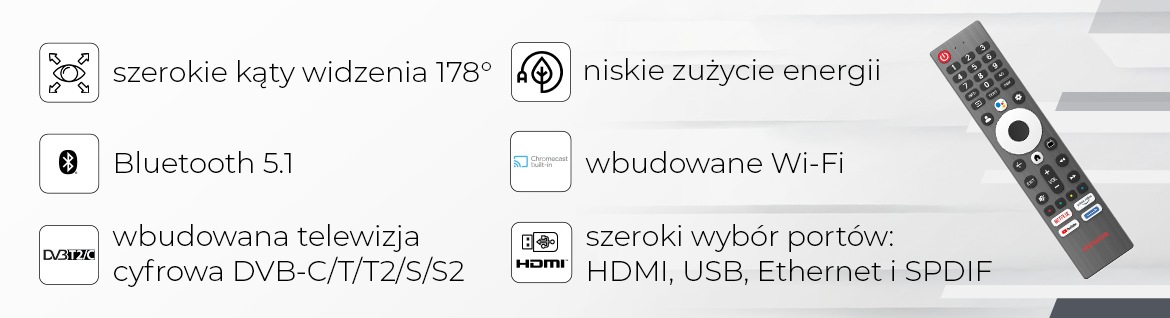 Telewizor AIWA 43GO60804FHD - Rozrywka na Twoich zasadach, Google TV, procesor ARM Cortex-A55, 1,5 GB RAM, pilot na biało-szarym tle
