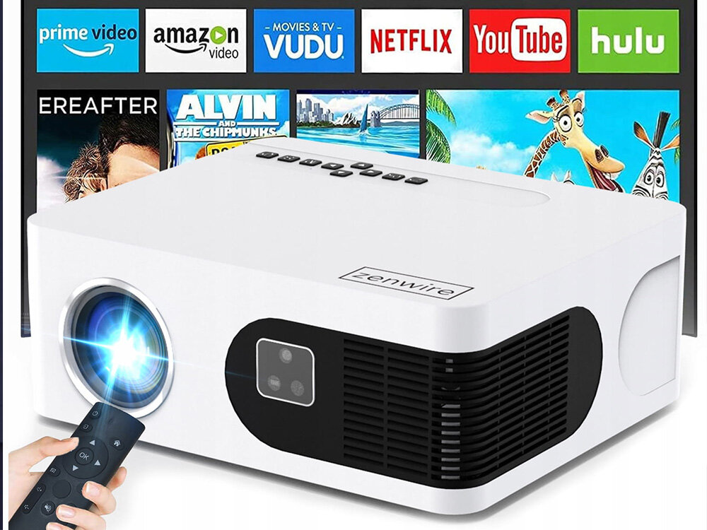 Projektor Zenwire E601H Full HD funkcje Smart TV autofocus WiFi 5 GHz, projektor po skosie, ręka trzymająca laptopa