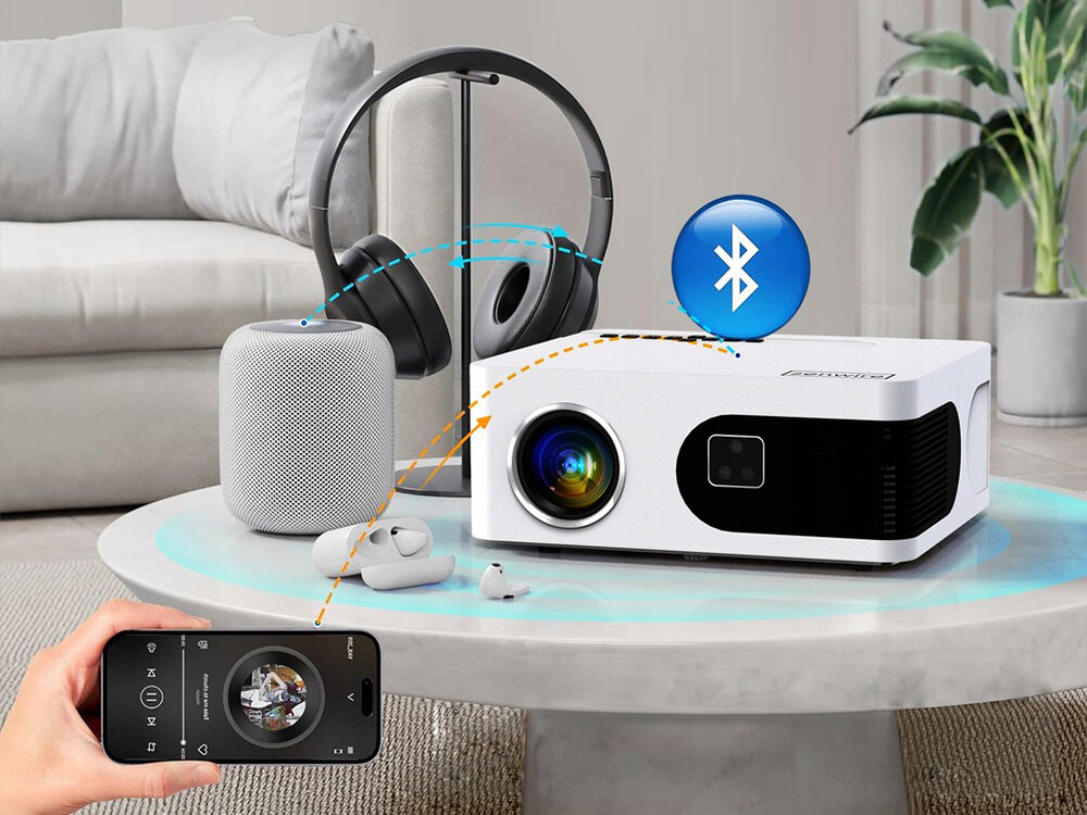 Projektor Zenwire E601H głośnik HiFi Bluetooth 5.0 dźwięk bezprzewodowy, projektor stojący na stoliku wraz z głośnikiem mobilnym, słuchawkami, osoba trzymająca telefon w ręku