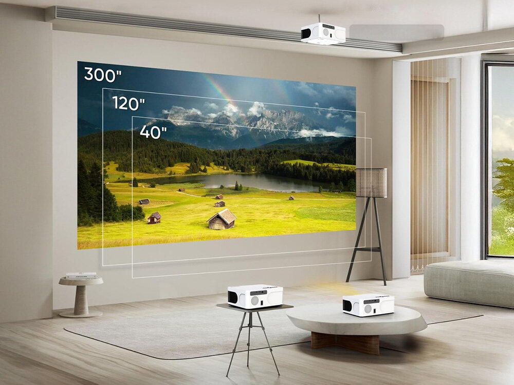Projektor Zenwire E601H ekran 300 cali odległość projekcji 2-6 metrów, projektor stojący na stoliku wyświetlający obraz na ścianie