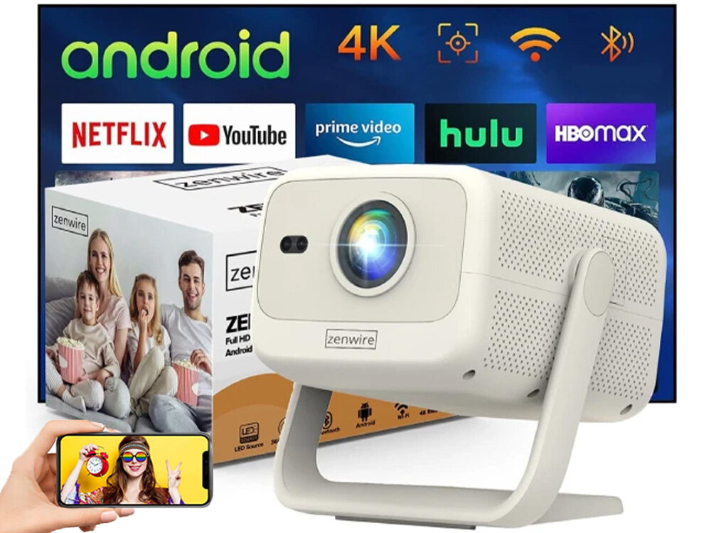 Projektor ZENWIRE H8 Full HD 4K przenośny, WiFi, Bluetooth, Autofocus, Autokeystone 4D, projektor po skosie, ręka trzymająca smartfon