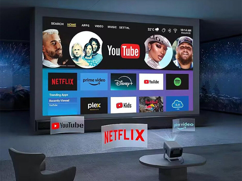 Projektor ZENWIRE H8 Android Smart TV 2GB RAM 32GB ROM pilot mysz klawiatura, prtojektor stojący na stoliku wyświetlający obraz