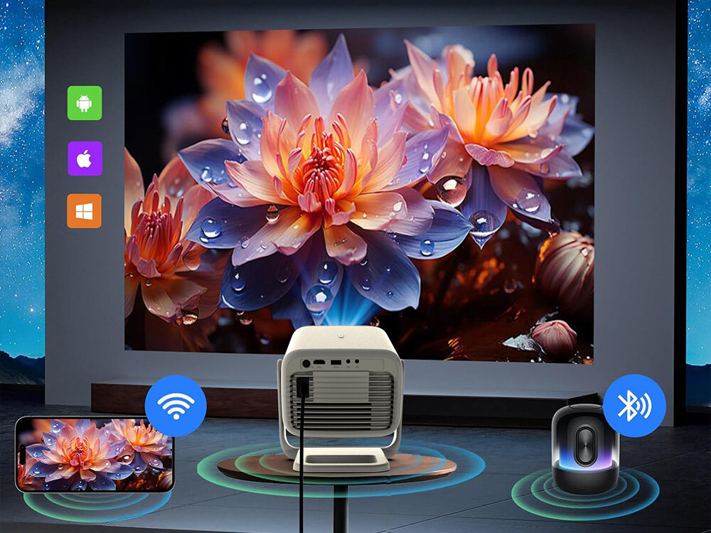 Projektor ZENWIRE H8 montaż statyw ściana sufit Autofocus ZOOM 360 stopni, projektor stojący na stoliku wyświetlający obraqz na ścianie, mysz z logiem bluetooth oraz smartfon z logiem Wi-fi