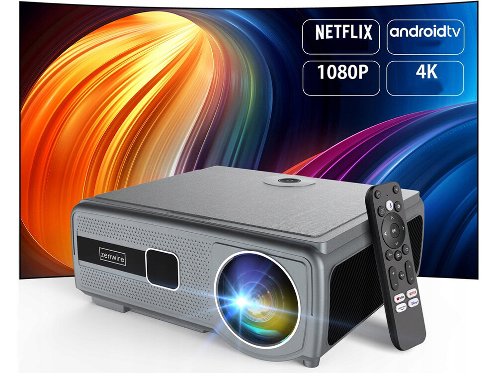 Projektor Zenwire E690H domowe kino wysoka jasność Full HD, projektor po skosie, pilot w ręku