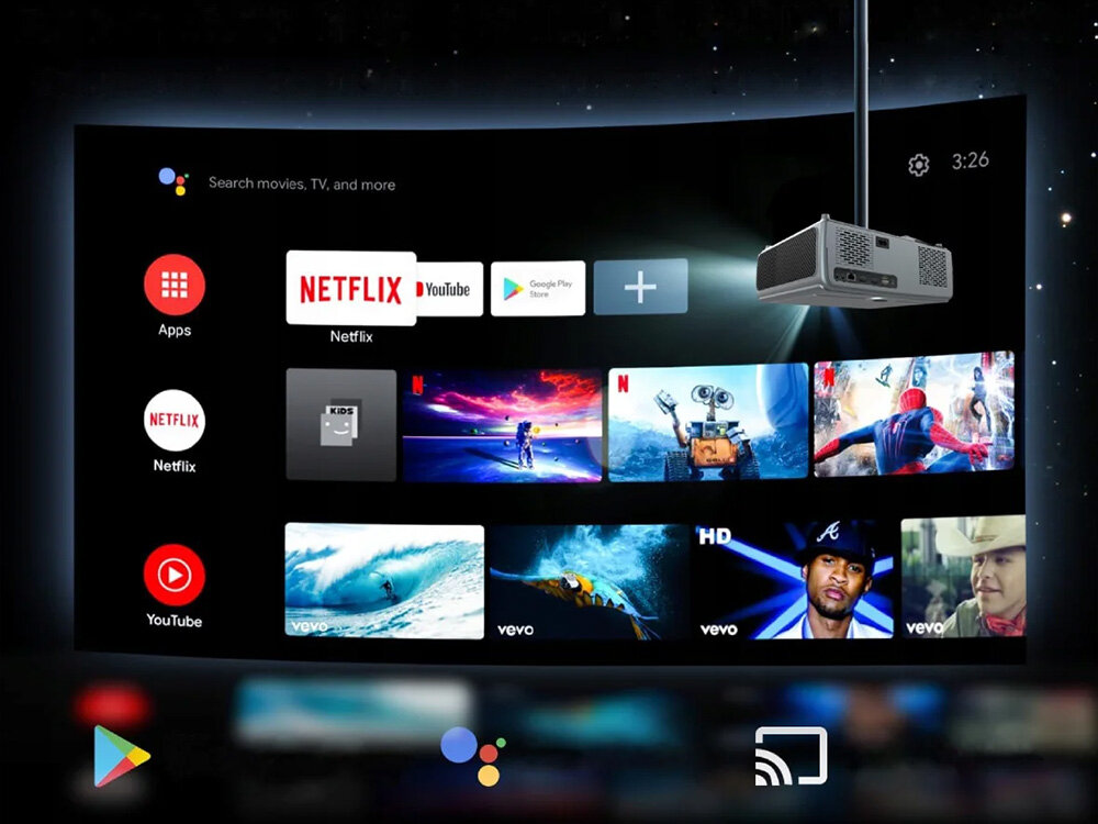 Projektor Zenwire E690H Android TV 11 Google Play aplikacje Smart TV, projektor zawieszony na wieszaku sufitowym, ekran ekranu startowego projektora