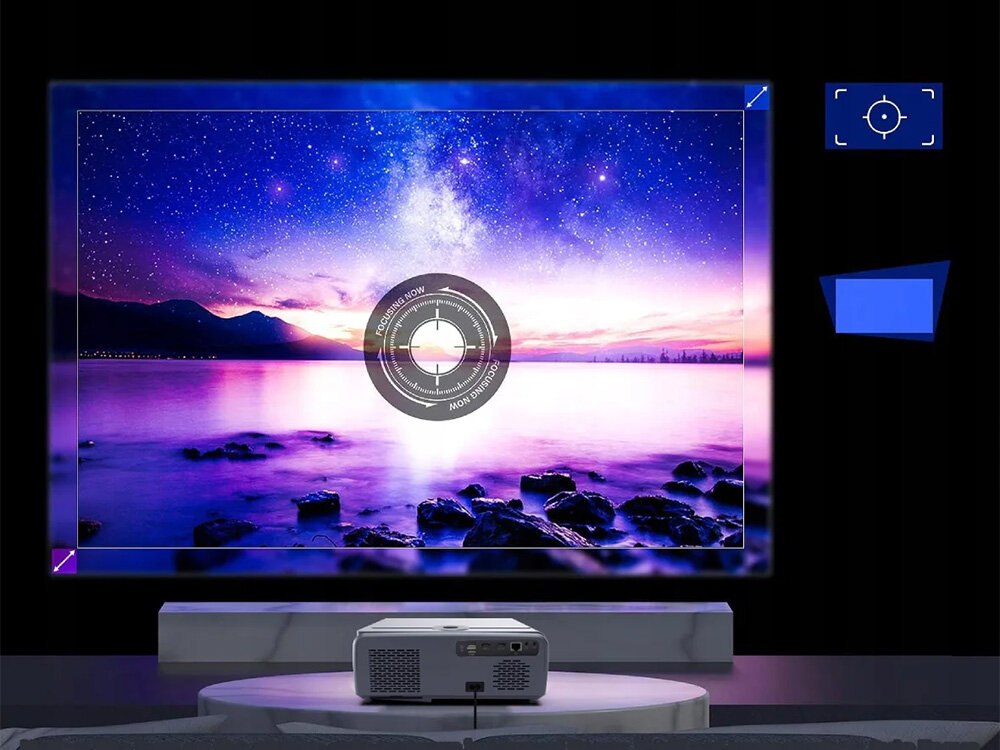 Projektor Zenwire E690H Autofocus Autokeystone 4D regulacja obrazu, projektor stojący na stoliku wyświetlający obraz na ekranie projekcyjnym