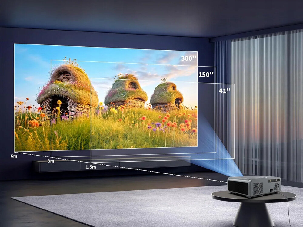 Projektor Zenwire E690H duży obraz 300 cali kino domowe, projektor stojący na stoliku wyświetlający obraz na ścianie