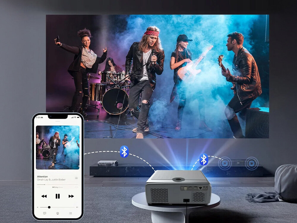 Projektor Zenwire E690H głośnik 15W HiFi Bluetooth 5.0 dźwięk, projektor stojący na stoliku, łączność Bluetooth do smartfona, głośnika