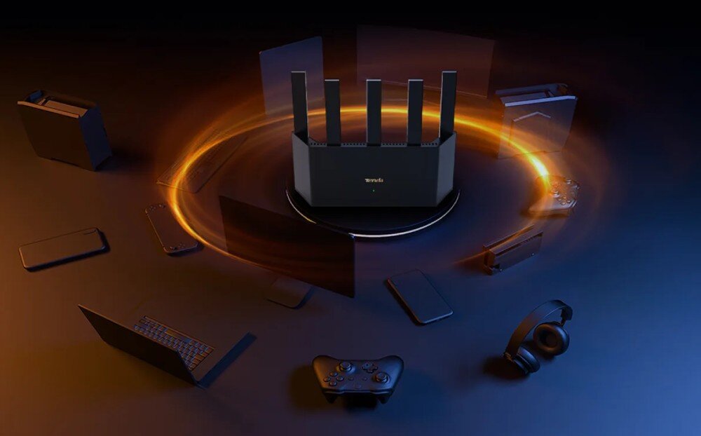 Router TENDA TE3L Router otoczony różnymi urządzeniami elektronicznymi, takimi jak laptopy, konsole, telefony i słuchawki, z pomarańczową poświatą w kształcie pierścienia, aplikacja, ustawienia, kontrola