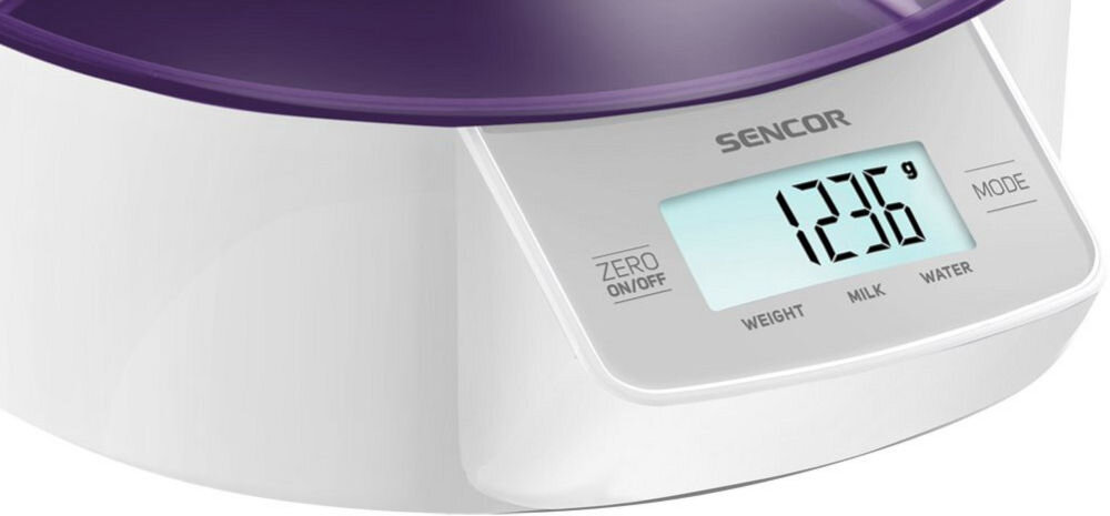Waga kuchenna SENCOR SKS 4004 VT ekran podświetlany liczby na ekranie biała waga fioletowa misa białe tło duży podświetlany wyświetlacz LCD 40 x 18 mm sterowanie dotykowe wygodne dokładne ważenie do 5 kg precyzja 1 g zdejmowana misa pojemność 1000 ml pomiar objętości mleka i wody cztery precyzyjne czujniki wiarygodne wyniki funkcje tarowania i ważenia w seriach Automatyczne wyłączanie, sygnalizacja przeciążenia i niskiego poziomu baterii praktyczne korzystanie