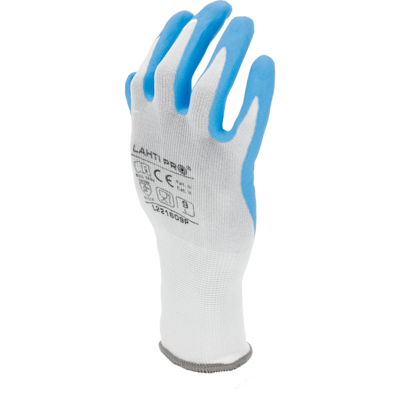 Rękawica robocza w kolorze białym z niebieskimi końcówkami palców i logo \'LAHTI PRO\' na wierzchu. Widoczne są również symbole certyfikacji oraz numer \'L221009\'.