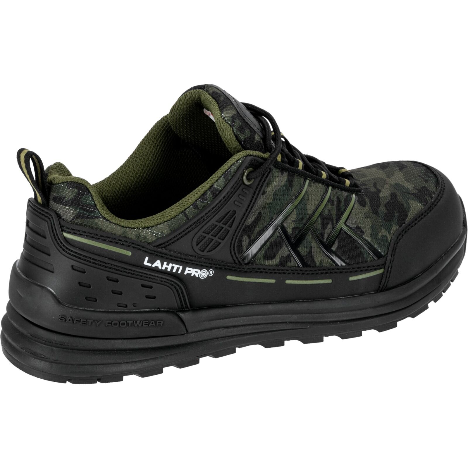 But roboczy w kolorze zielono-czarnym z wzorem moro, z widocznym napisem \'LAHTI PRO\' oraz \'SAFETY FOOTWEAR\' na podeszwie.