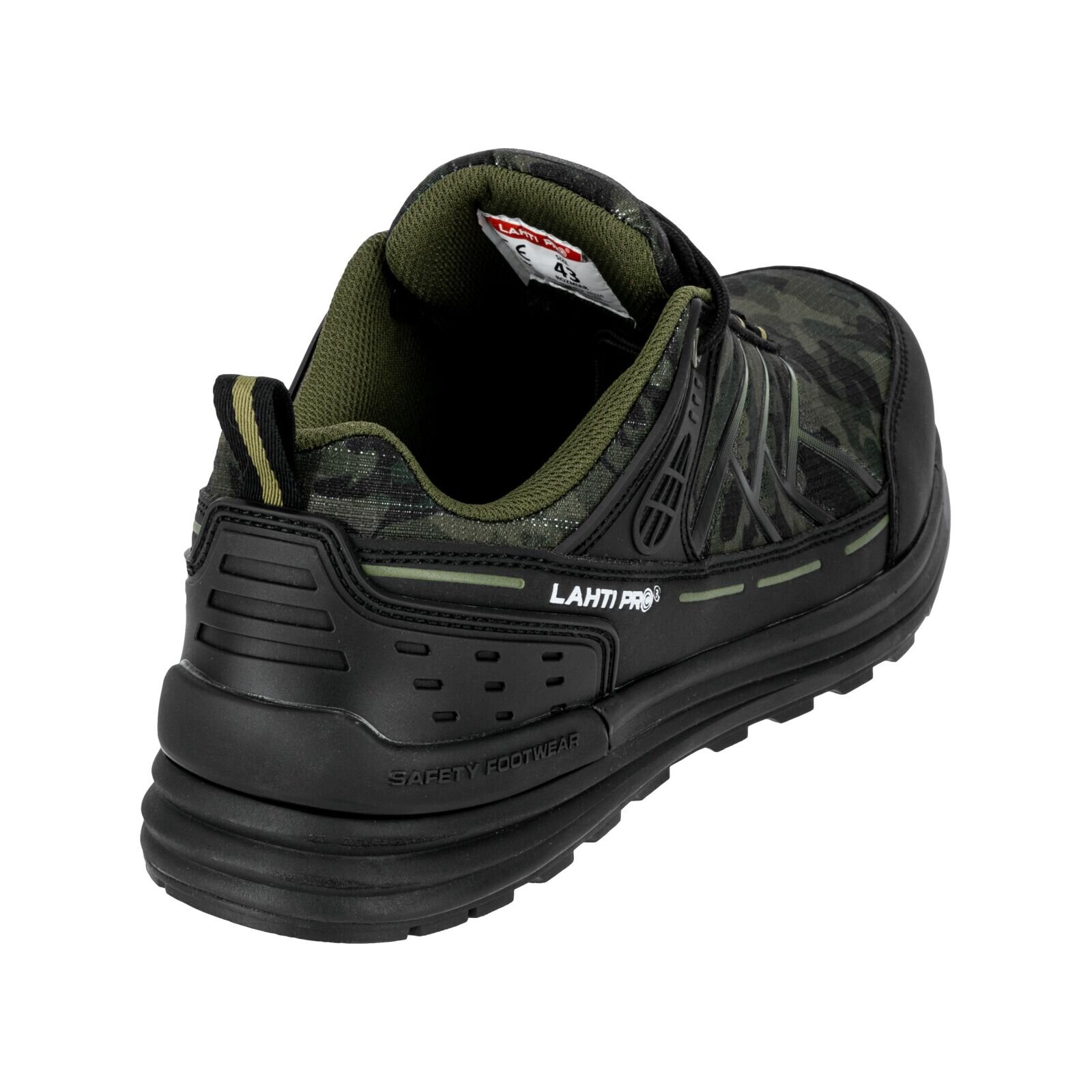Na zdjęciu widoczny jest tył czarno-zielonego półbuta roboczego z napisem \'LAHTI PRO\' oraz \'SAFETY FOOTWEAR\' na podeszwie. Wnętrze buta jest wyściełane zielonym materiałem.