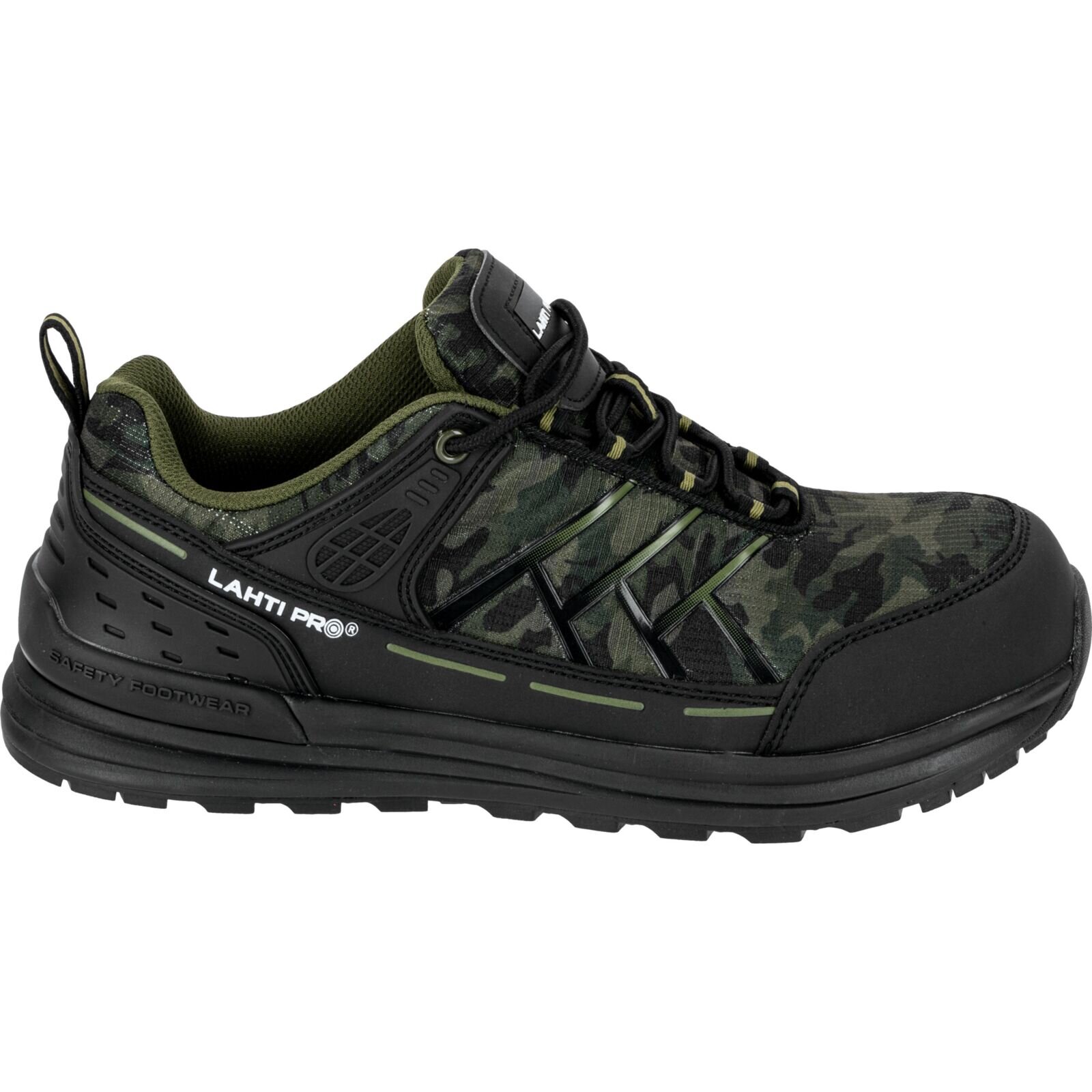 But roboczy w kolorze czarno-zielonym z kamuflażowym wzorem, z widocznym napisem \'LAHTI PRO\' na boku. Podeszwa jest czarna z napisem \'SAFETY FOOTWEAR\'.