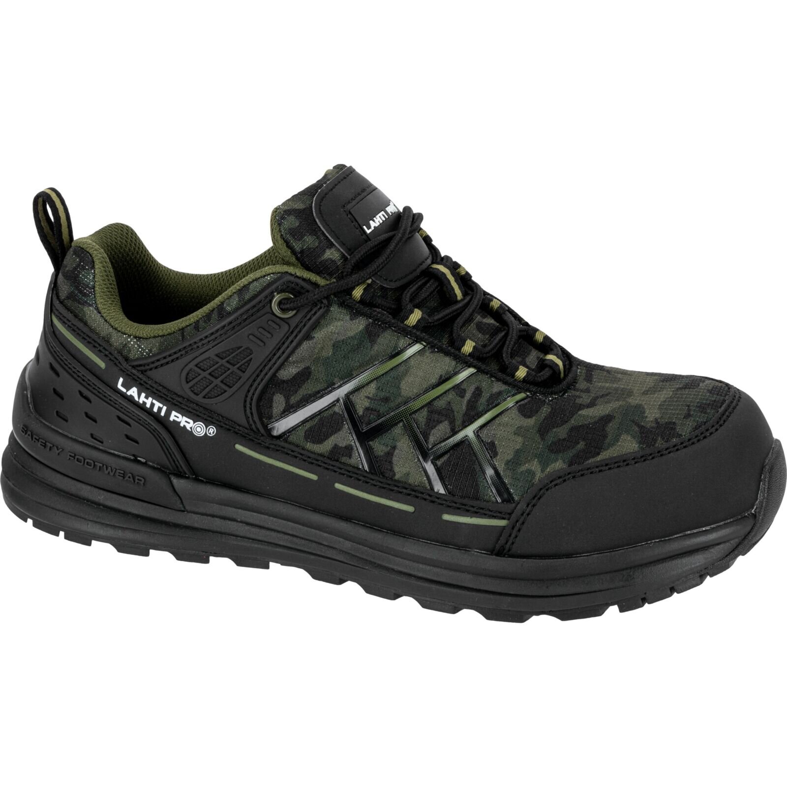 But roboczy w kolorze czarno-zielonym z kamuflażowym wzorem, posiada napis \'LAHTI PRO\' oraz \'SAFETY FOOTWEAR\' na podeszwie.