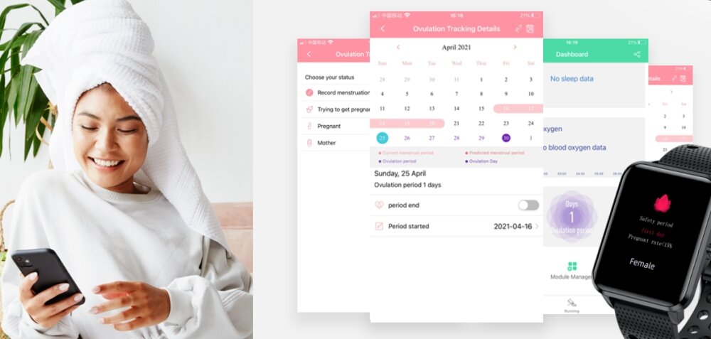 Smartband BEMI KIX-M TUTTI wyświetlacz dopasowanie tarcza zdrowie saturacja krwi ciśnienie krwi sen monitoring oddech cykl menstruacyjny powiadomienia wiadomości alarmy jakość tryby sportowe długa praca